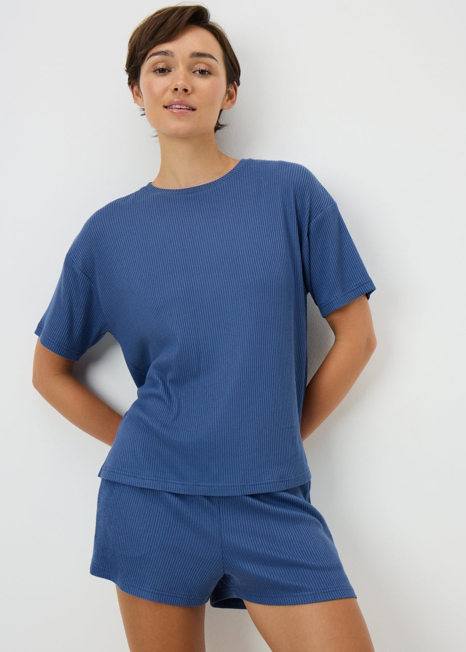 Blue Brushed Ribbed Short Pyjama Set