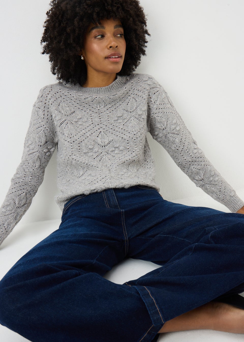Grey Marl Bobble Stitch Cable Jumper