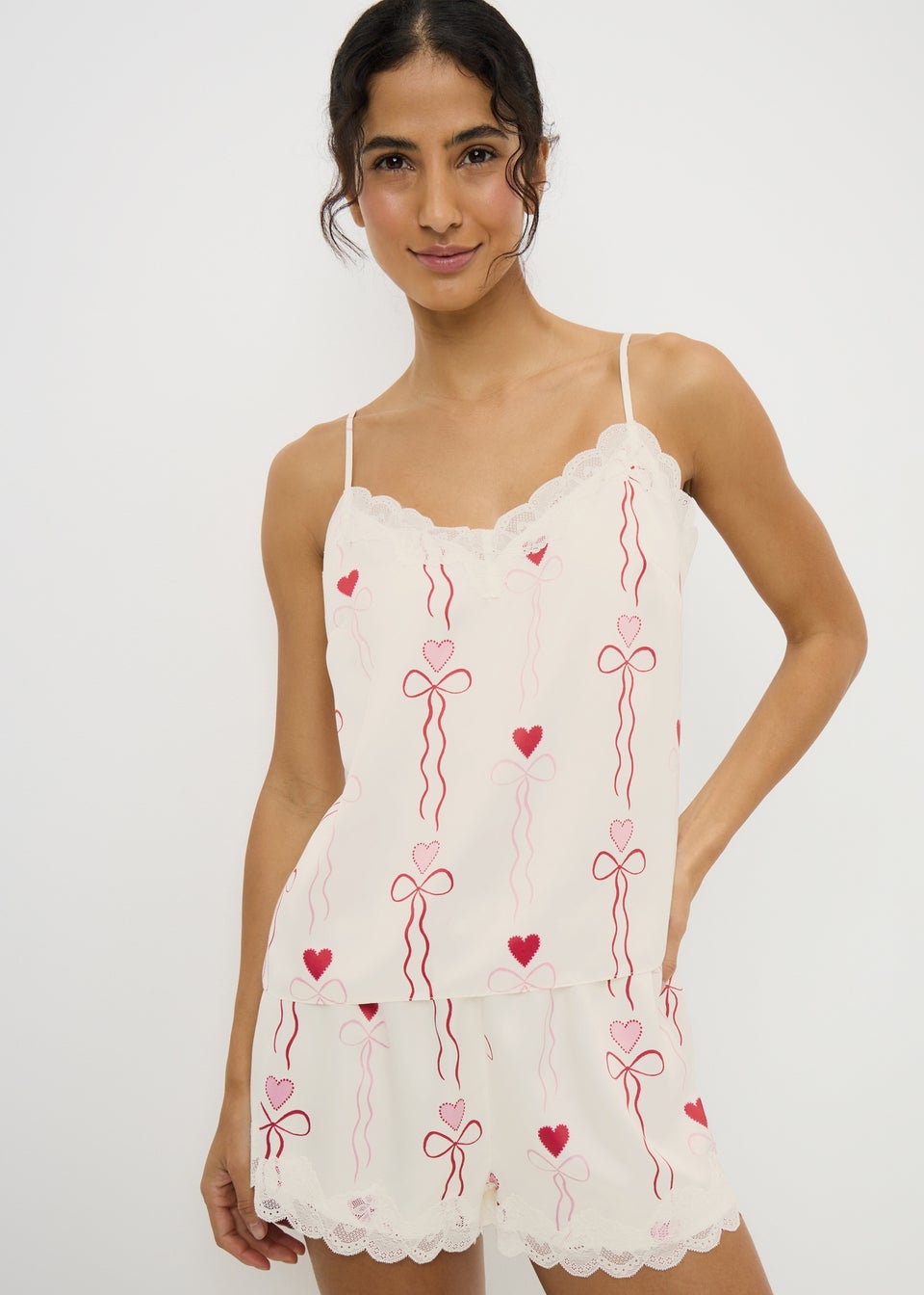 Cream Heart Satin Short Pyjama Set