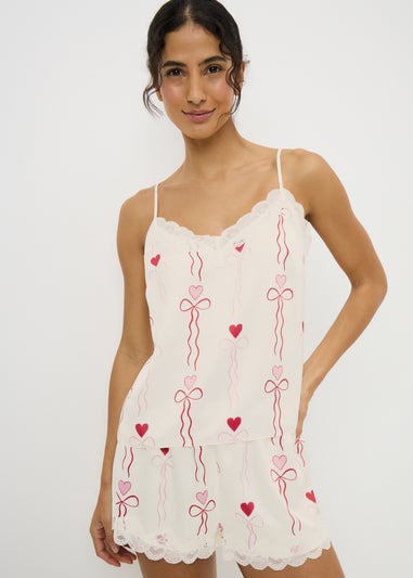 Cream Heart Satin Short Pyjama Set
