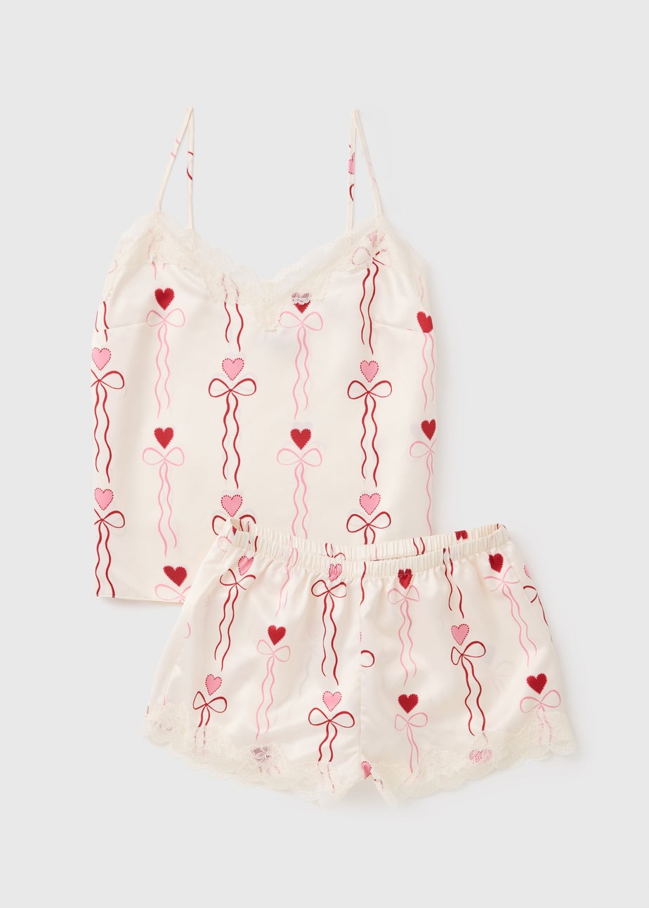 Cream Heart Satin Short Pyjama Set