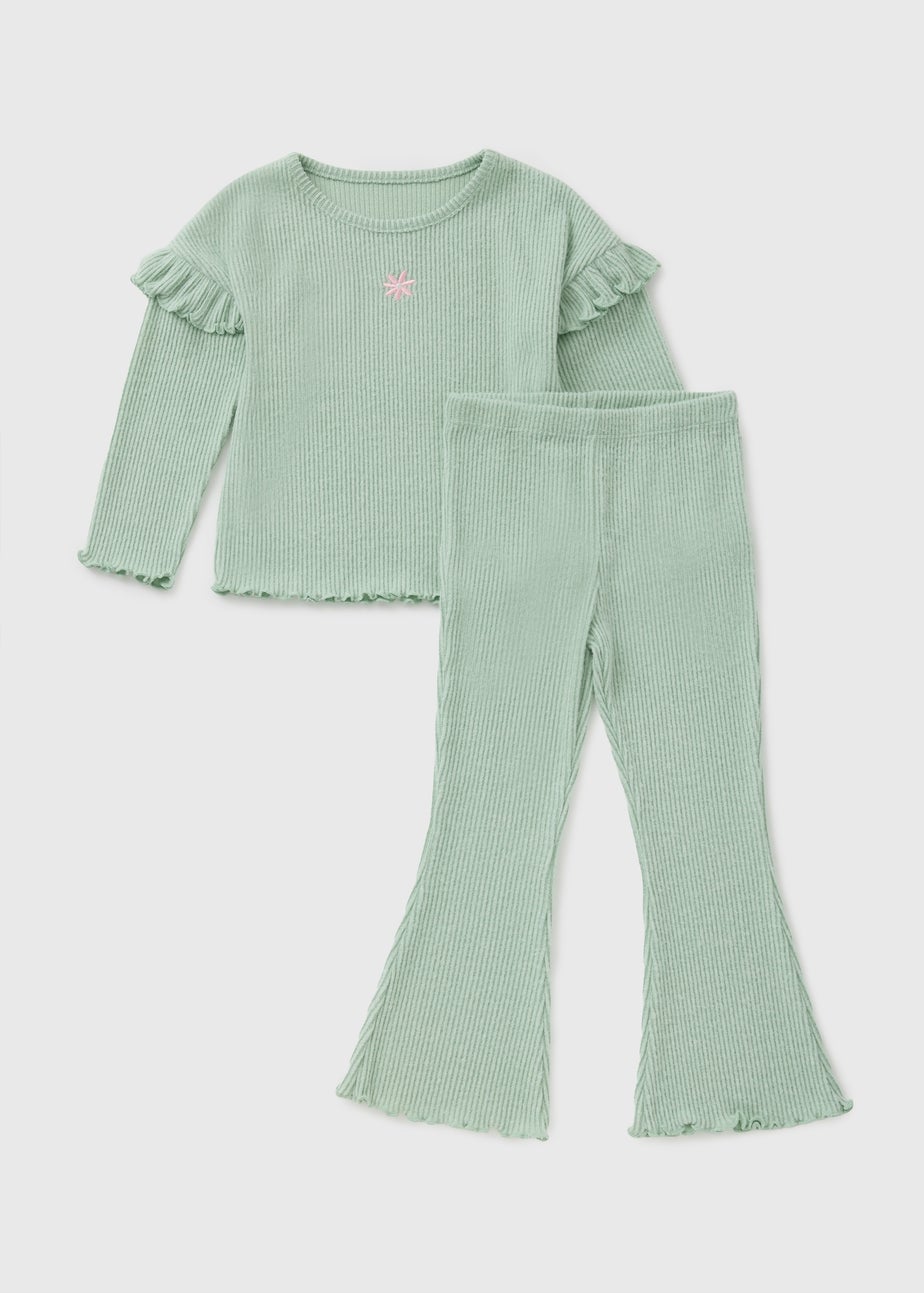 Girls Sage Ribbed Flower Top & Flare Set (1-7yrs)