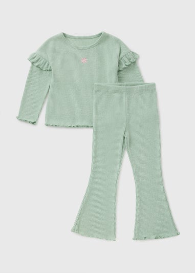 Girls Sage Ribbed Flower Top & Flare Set (1-7yrs)