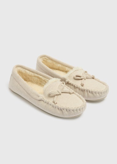 Cream Herringbone Moccasin Slippers