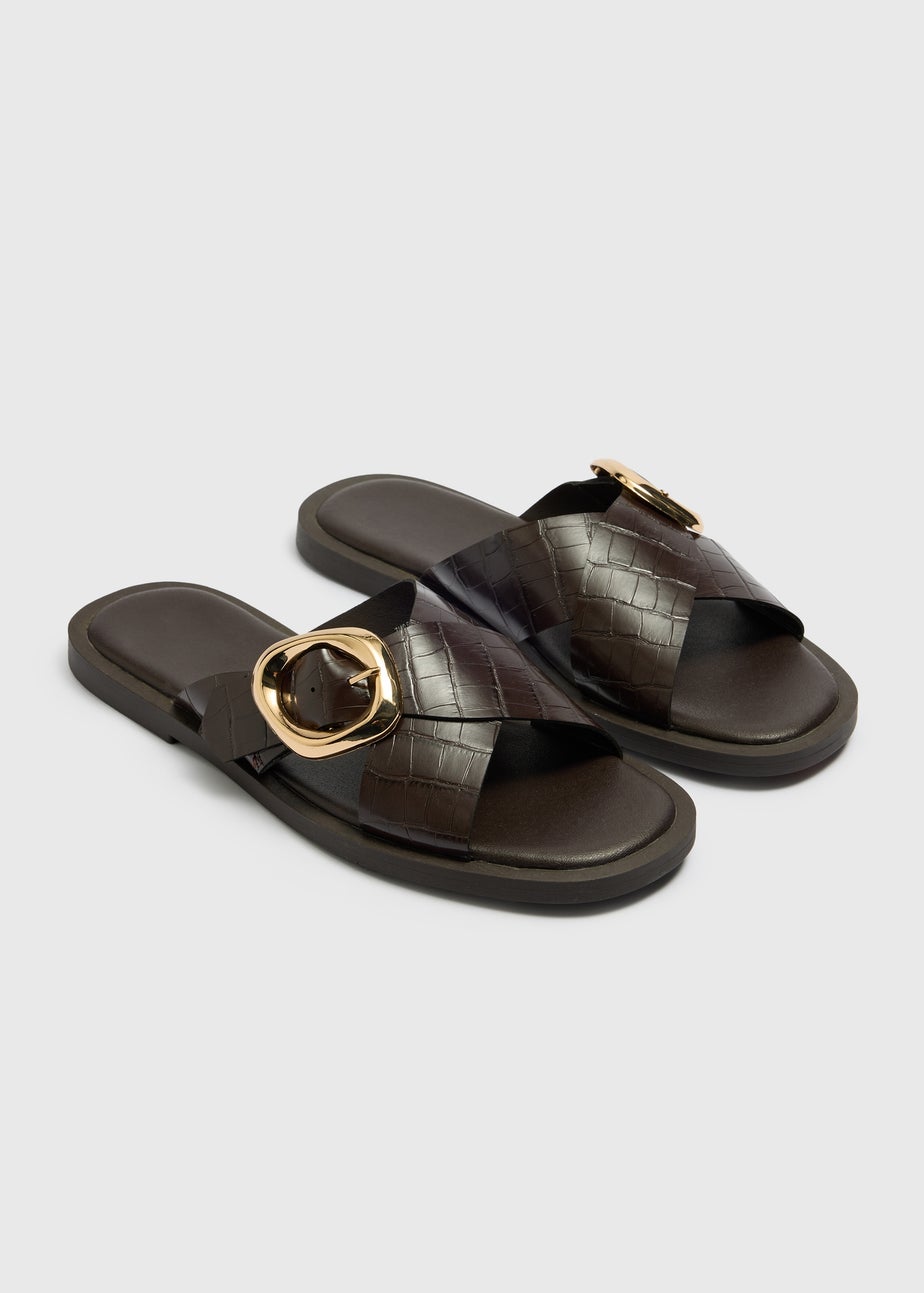 Chocolate Brown Cross Strap Buckle Sliders