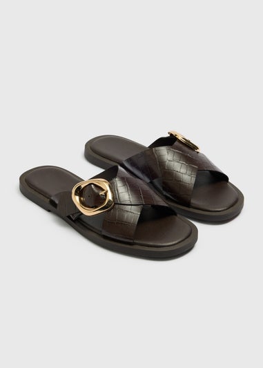 Chocolate Brown Cross Strap Buckle Sliders