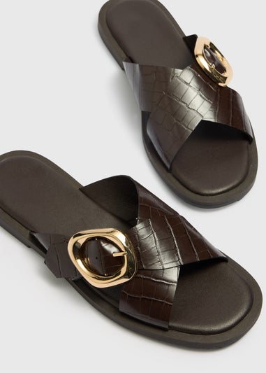 Chocolate Brown Cross Strap Buckle Sliders