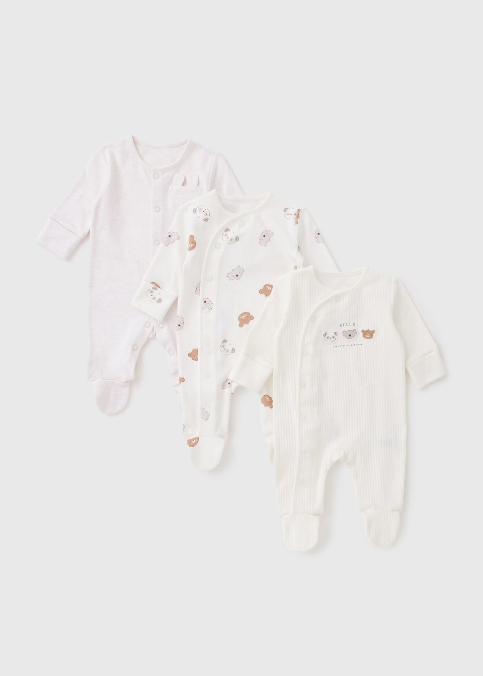 3 Pack White Bear Layette Sleepsuits (Newborn-12mths)