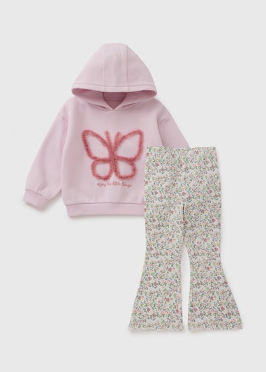 Girls Pink Butterfly Hoodie & Flare Set (1-7yrs)