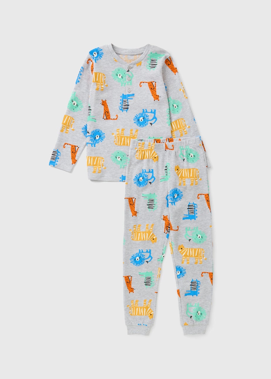 Boys Grey Animal Waffle Pyjama Set (1-7yrs)