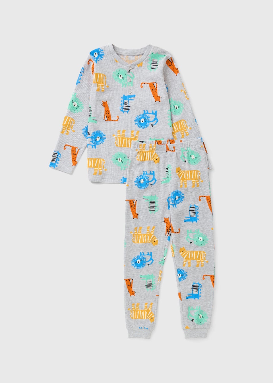 Boys Grey Animal Waffle Pyjama Set (1-7yrs)