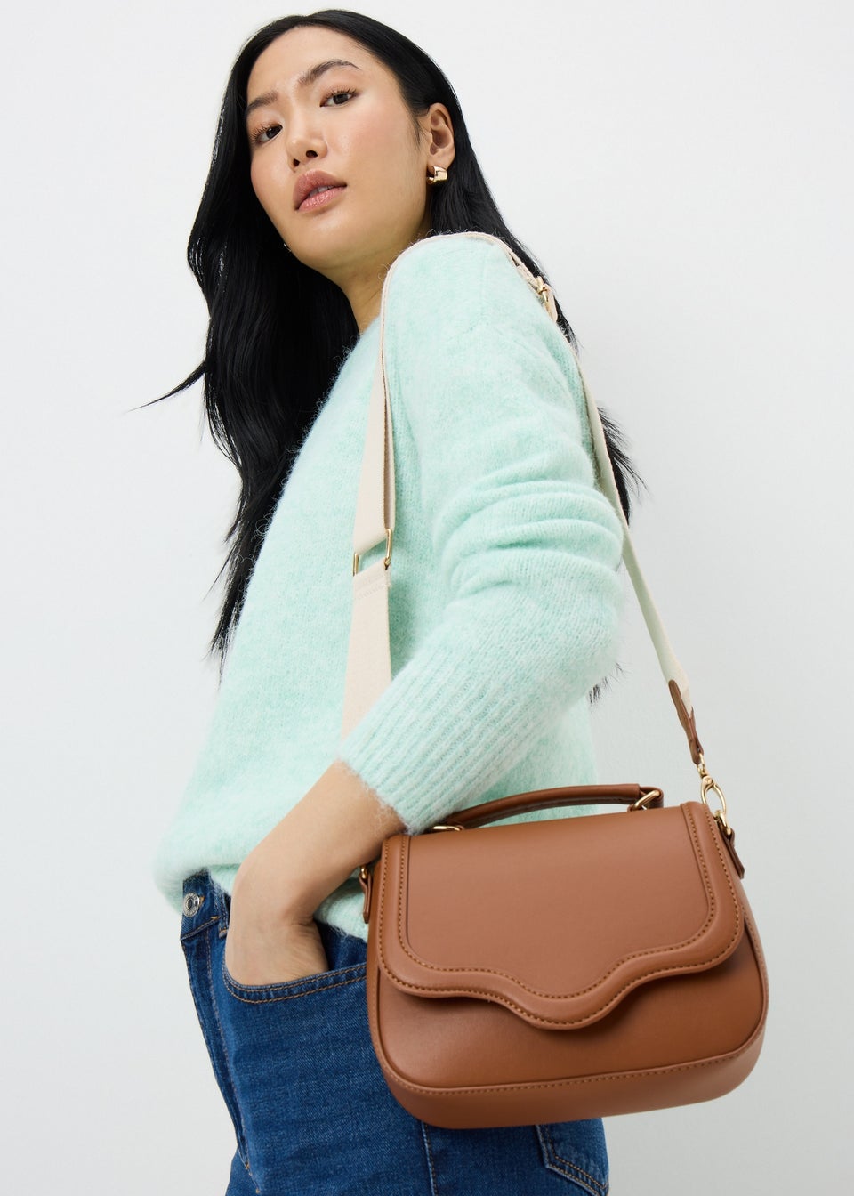 Tan Top Handle Crossbody Bag