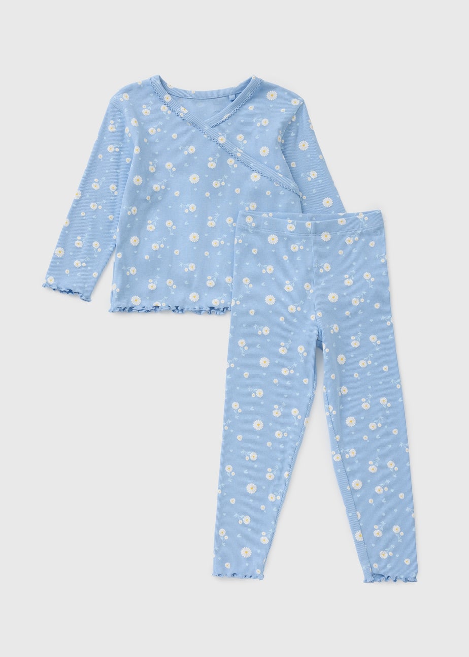 Girls Blue Daisy Ribbed Long Pyjama Set (1-7yrs)