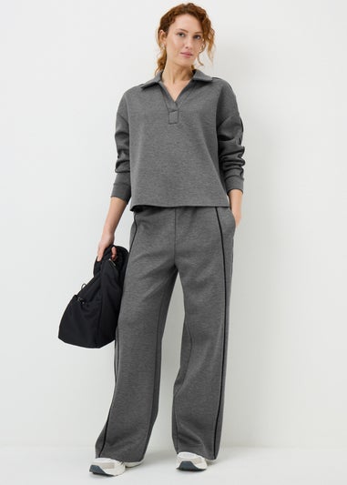 Grey Piped Scuba Co-Ord Wide Leg Trousers