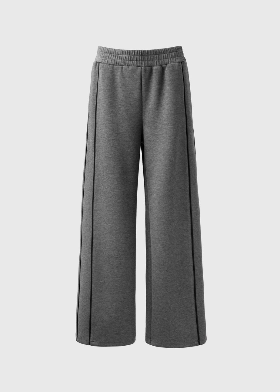 Grey Piped Scuba Co-Ord Wide Leg Trousers