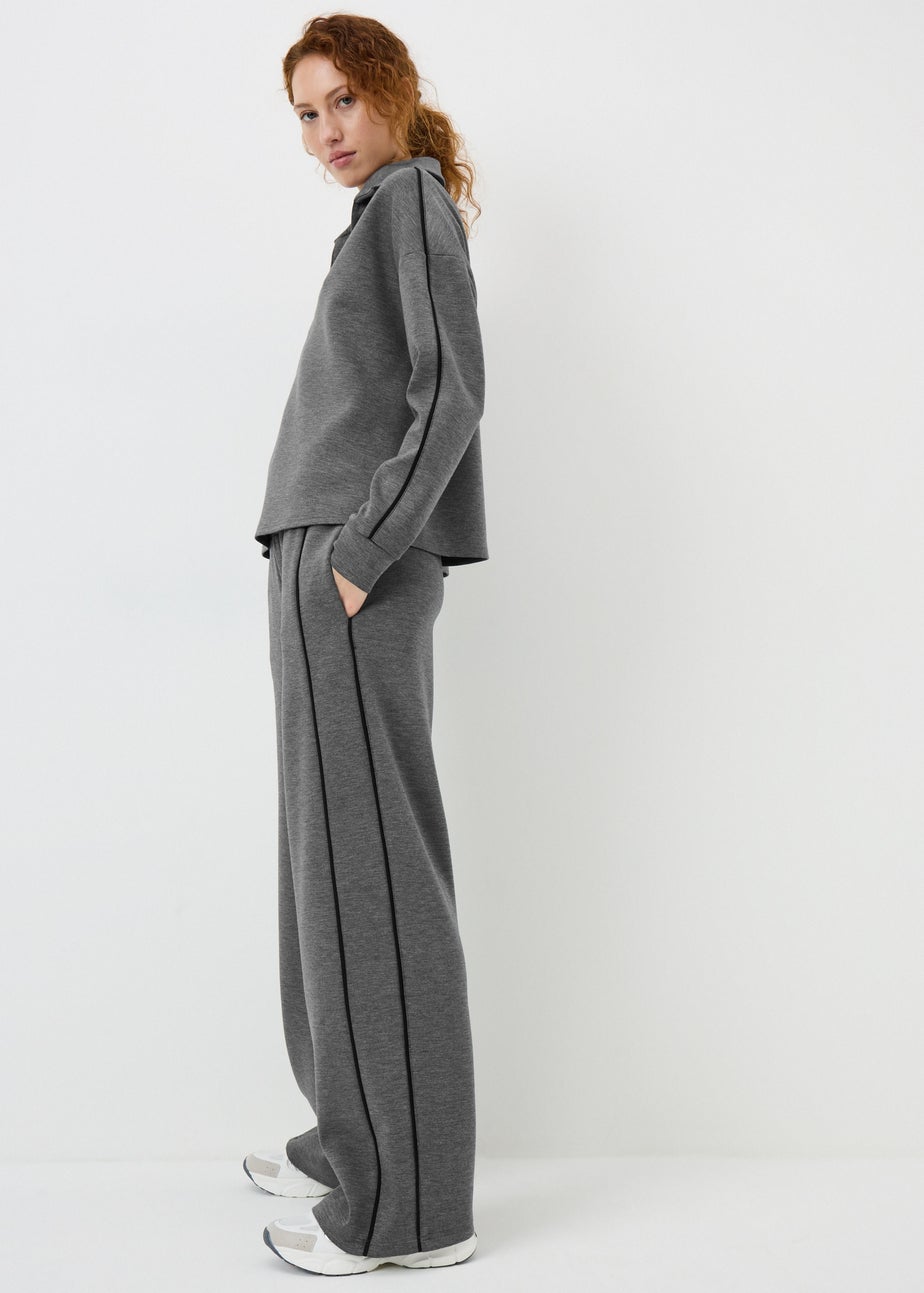 Grey Piped Scuba Co-Ord Wide Leg Trousers