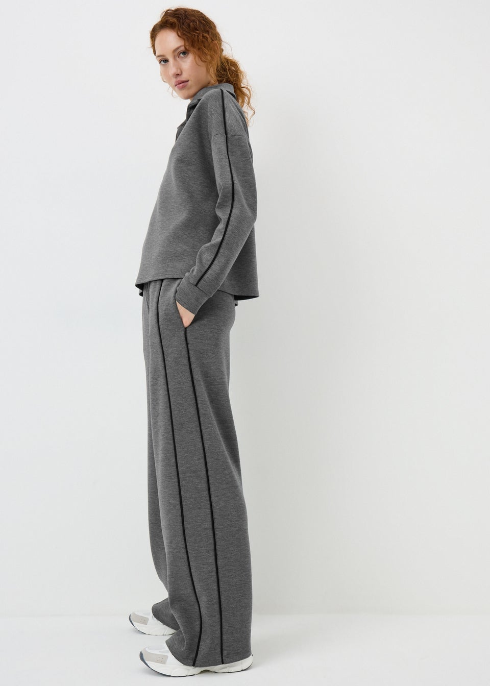 Grey Piped Scuba Co-Ord Wide Leg Trousers