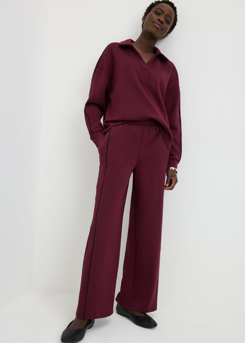 Burgundy Piped Scuba Co-Ord Wide Leg Trouser
