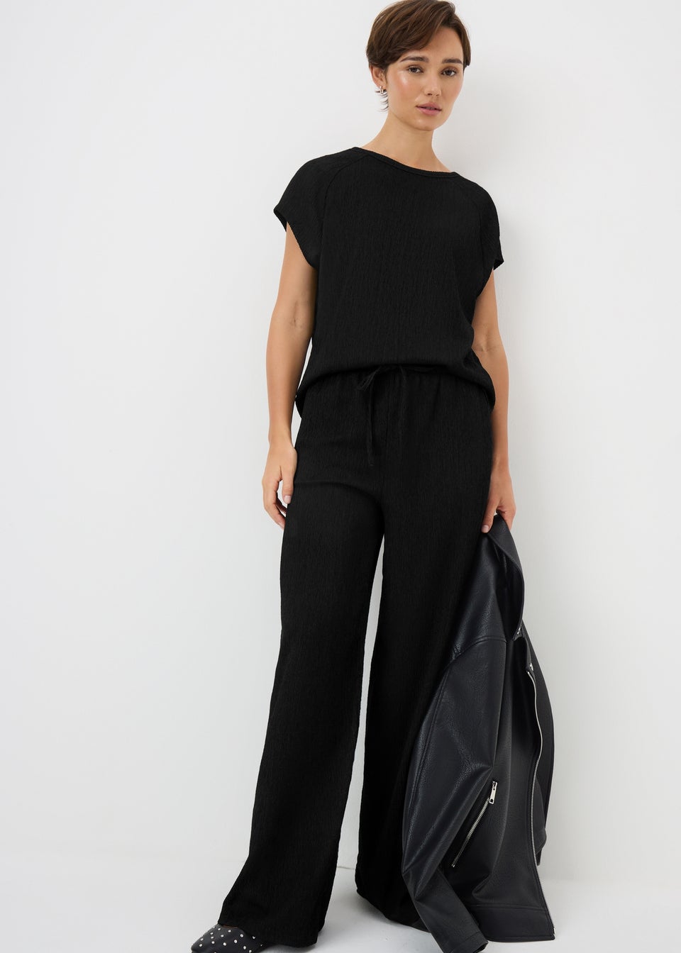 Black Textured Co Ord Wide Leg Trousers
