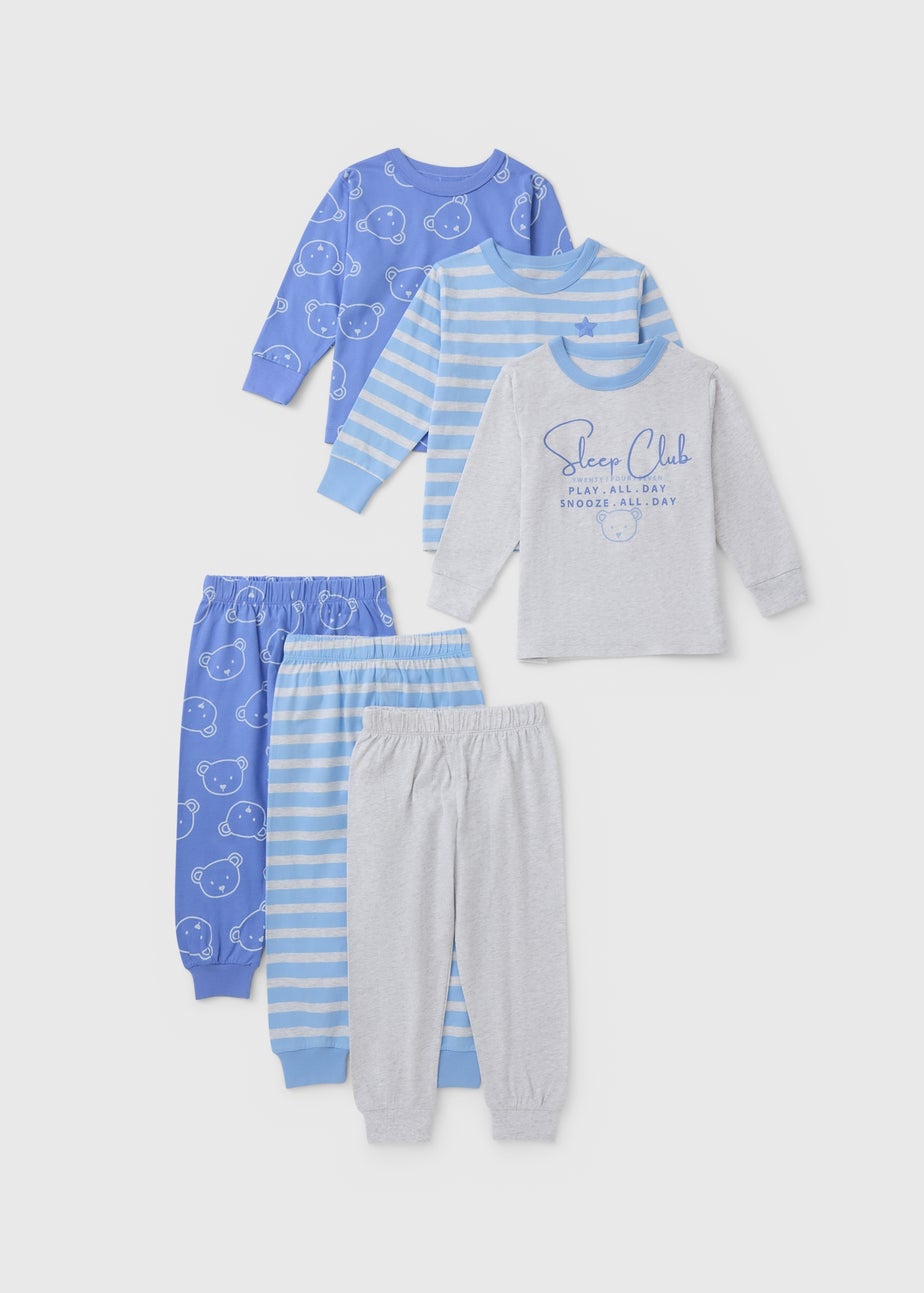 3 Pack Boys Blue Bear Stripe Pyjama Sets (1-7yrs)
