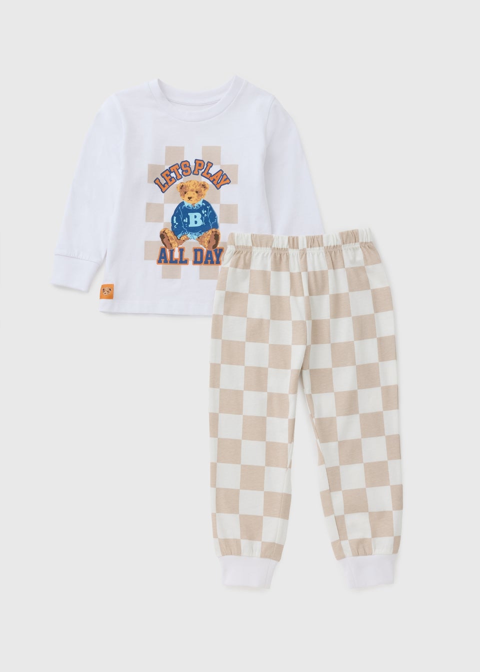 Boys White Bear Checkerboard Long Pyjama Set (1-7yrs)