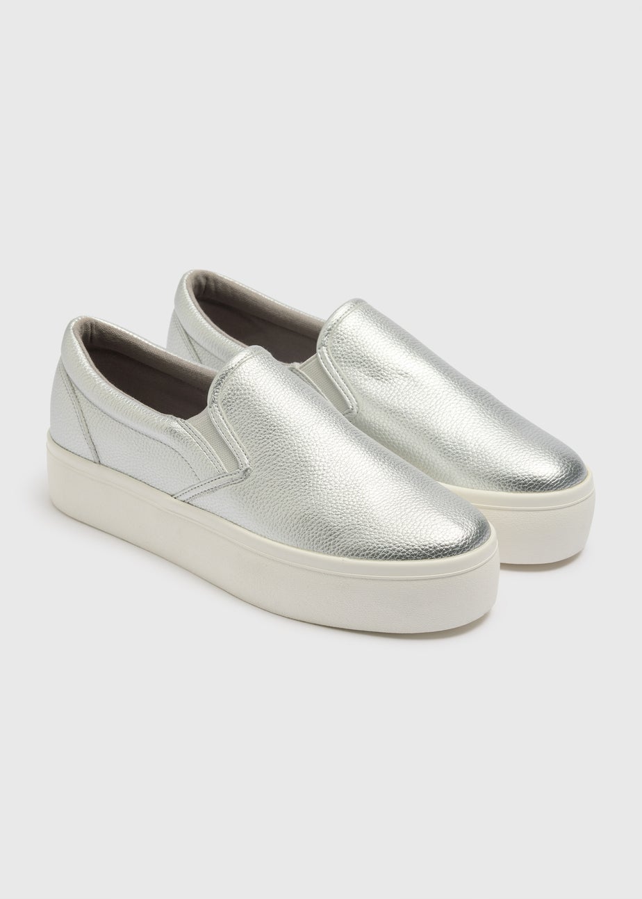 Silver Metallic Platform Slip On Shoes