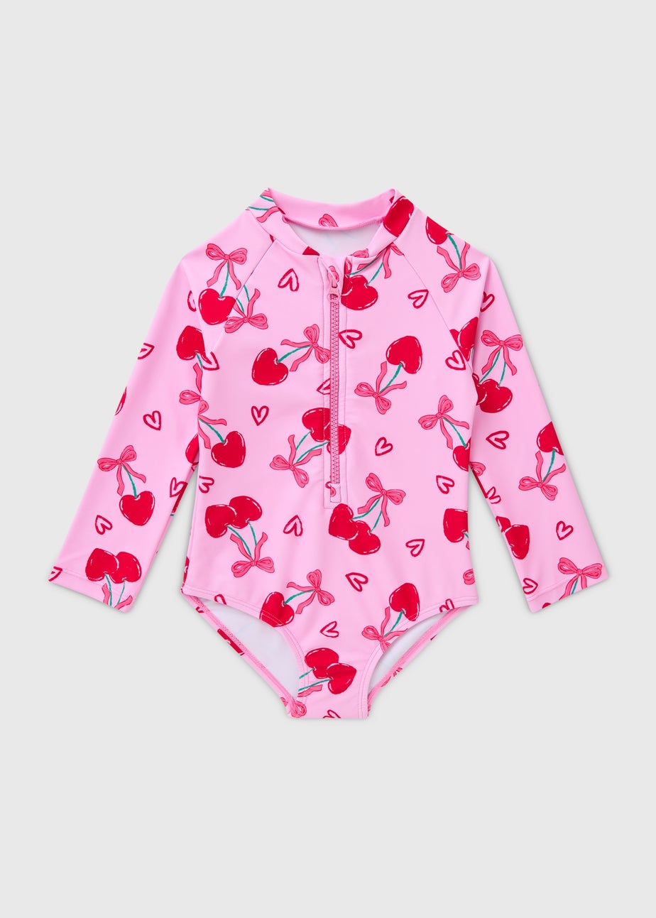 Girls Pink Cherry Long Sleeve Swimsuit (1-7yrs)
