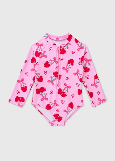 Girls Pink Cherry Long Sleeve Swimsuit (1-7yrs)