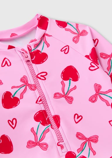 Girls Pink Cherry Long Sleeve Swimsuit (1-7yrs)
