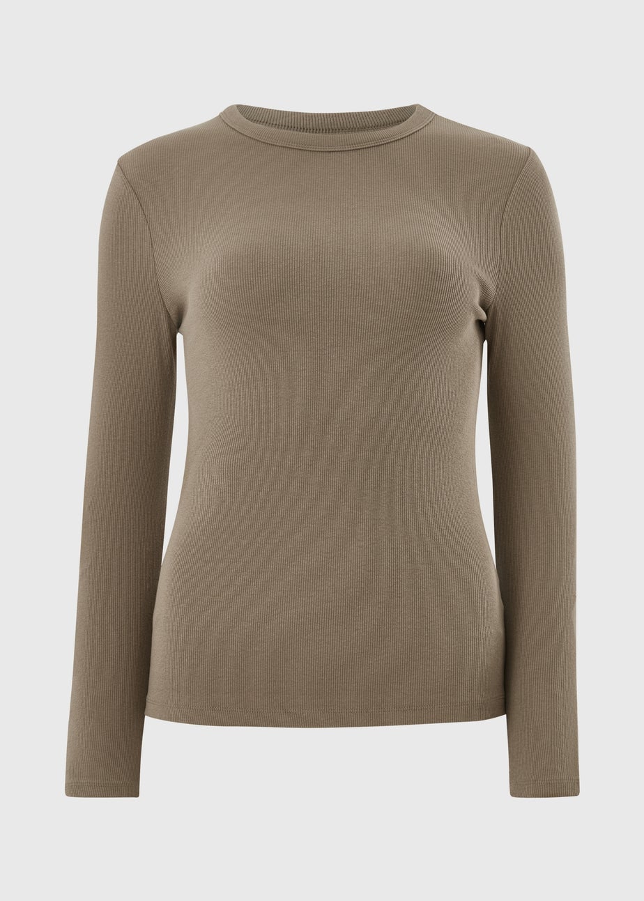 Beige Ribbed Long Sleeve T-Shirt
