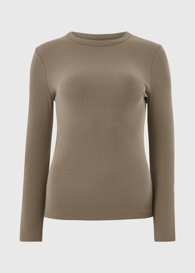 Beige Ribbed Long Sleeve T-Shirt