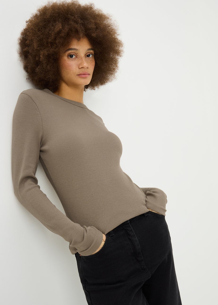 Beige Ribbed Long Sleeve T-Shirt