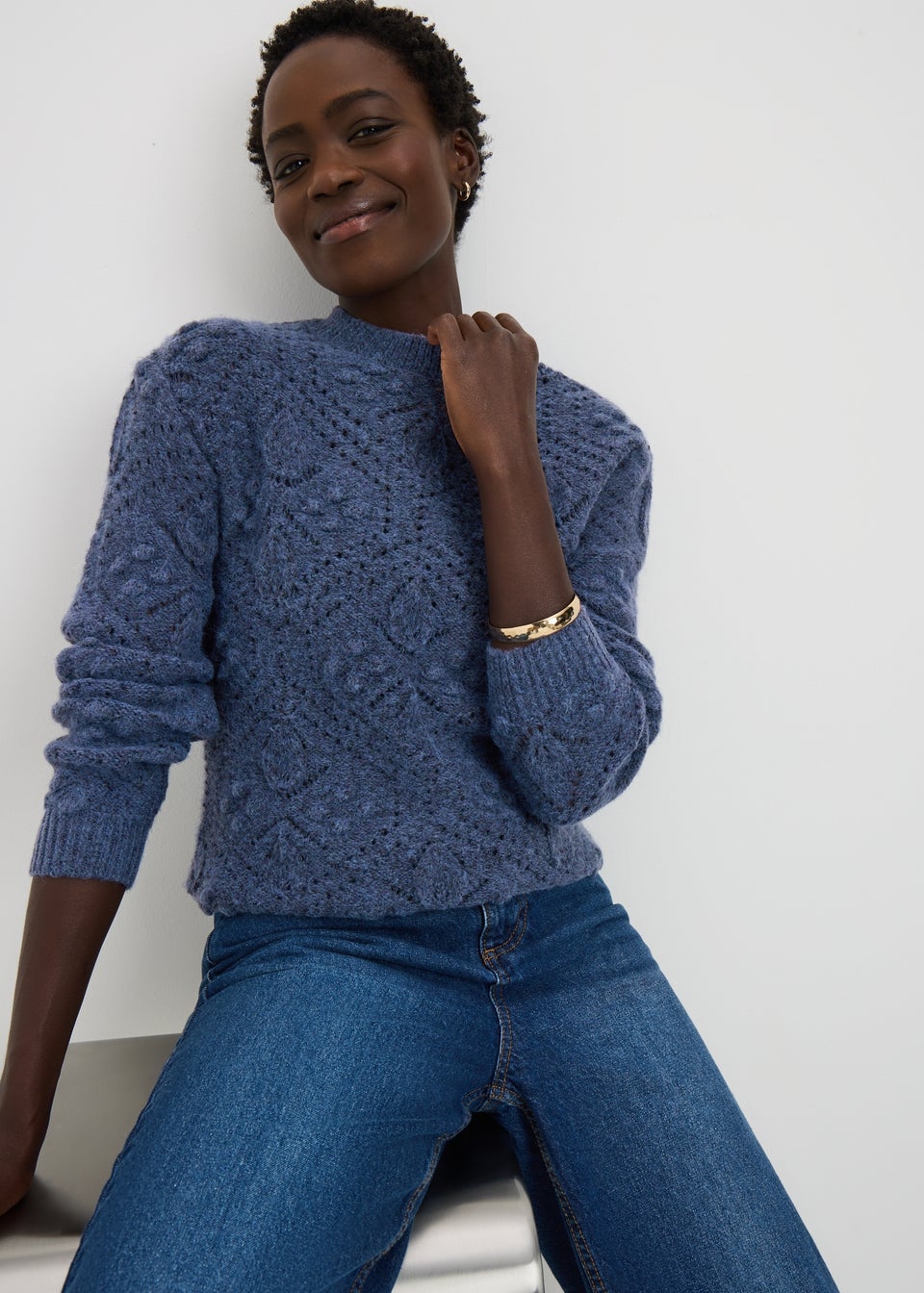Blue Bobble Stitch Cable Jumper