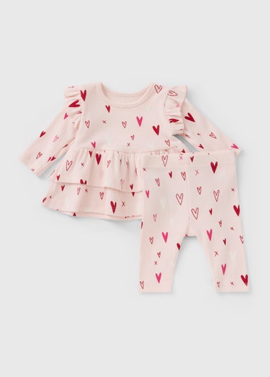 Baby Pink Heart Ribbed Peplum Top & Legging Set (Newborn-23mths)