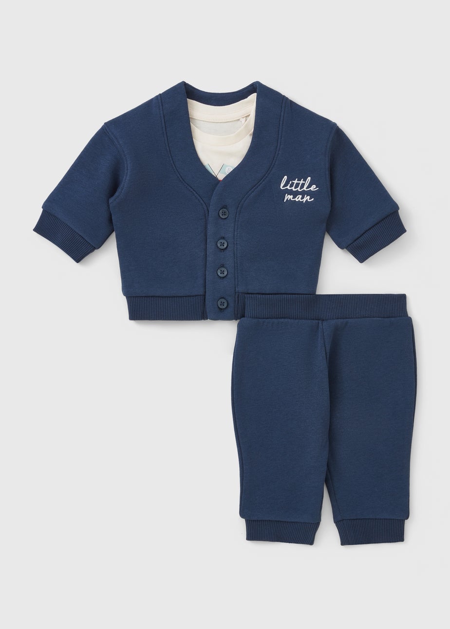 3 Piece Baby Navy Little Racer Man Sweatshirt & Jogging Bottoms Set (Newborn-23mths)