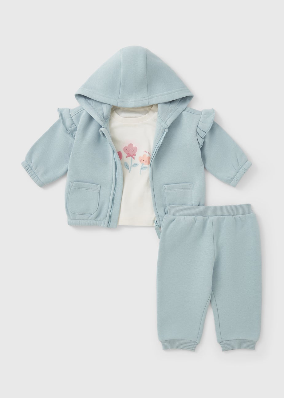 3 Piece Baby Blue Flower Sweatshirt & Jogging Bottom Set (Newborn-23mths)