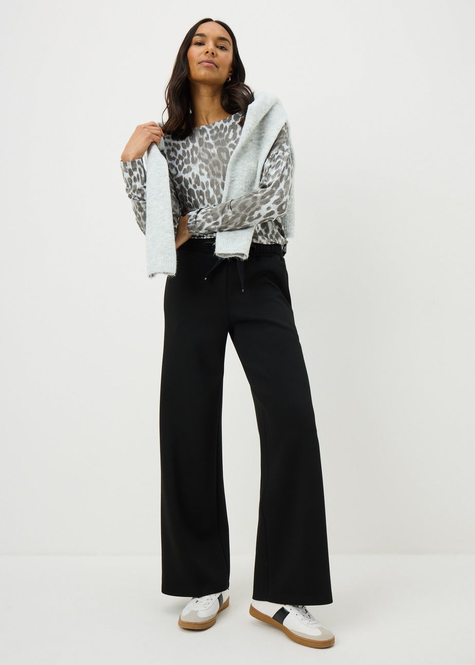 Grey Leopard Print Longline Long Sleeve Top