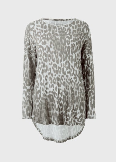Grey Leopard Print Longline Long Sleeve Top