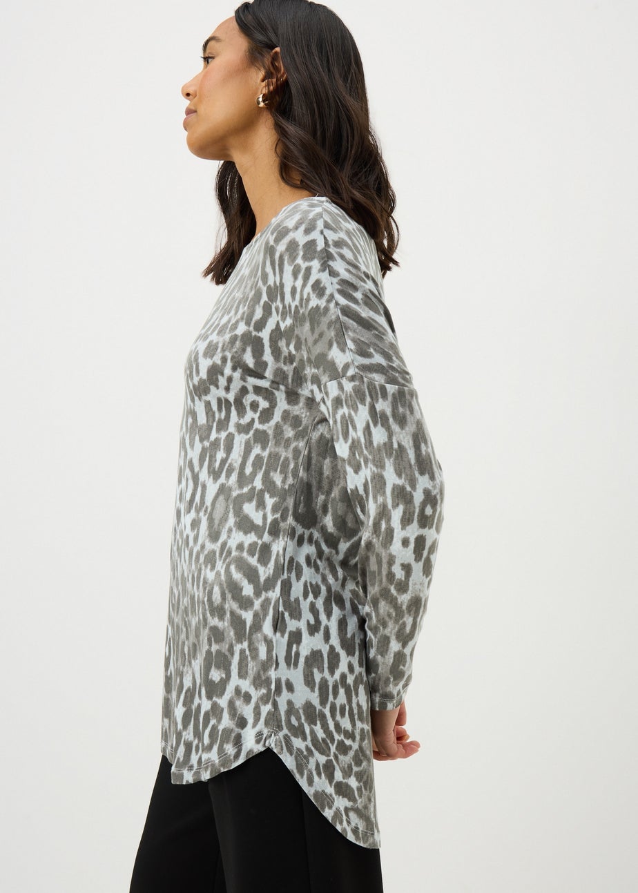 Grey Leopard Print Longline Long Sleeve Top
