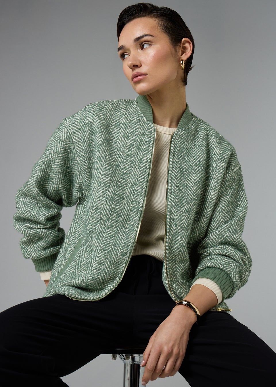 Et Vous Green Herringbone Bomber Jacket