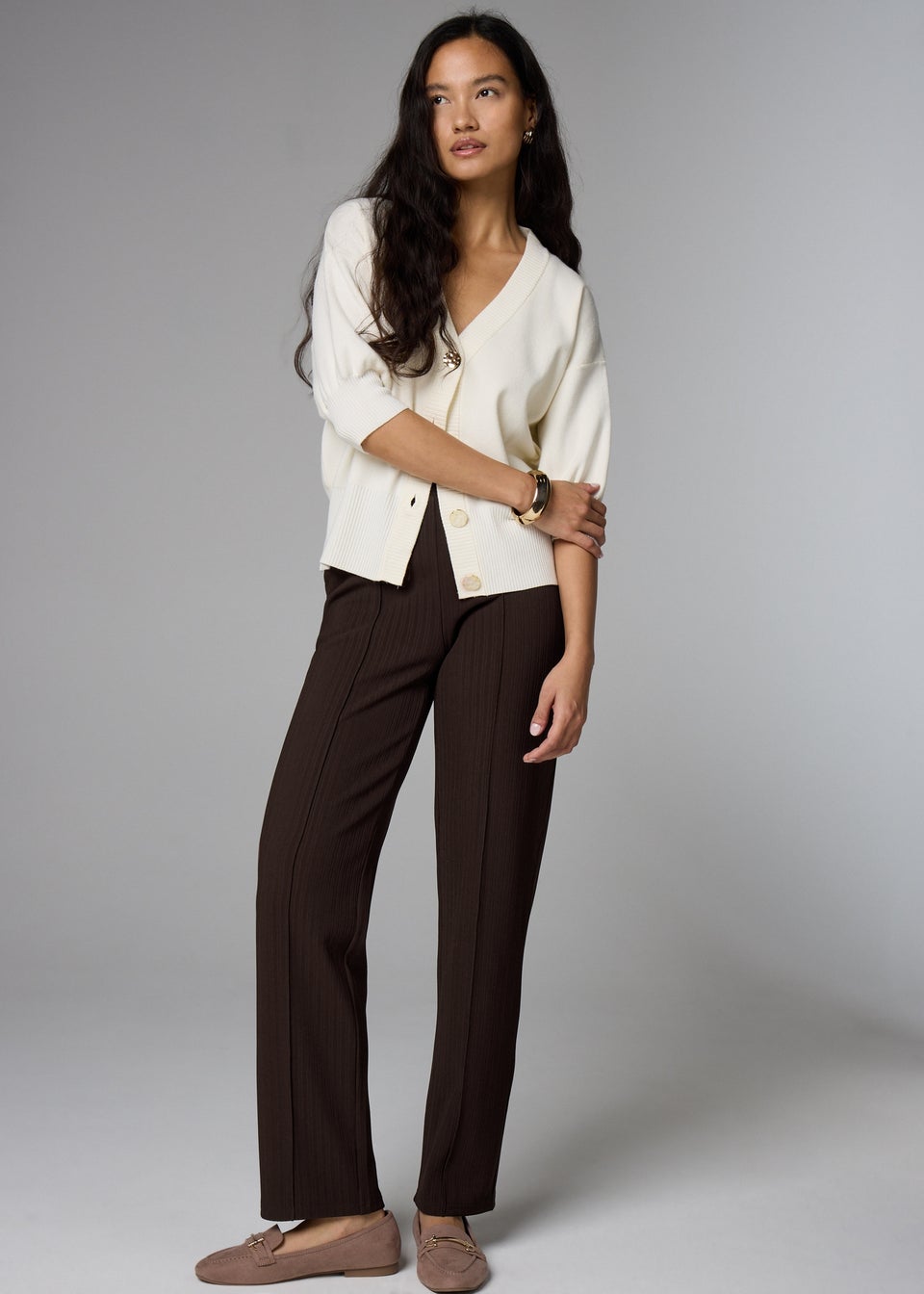 Chocolate Straight Leg Ribbed Trousers