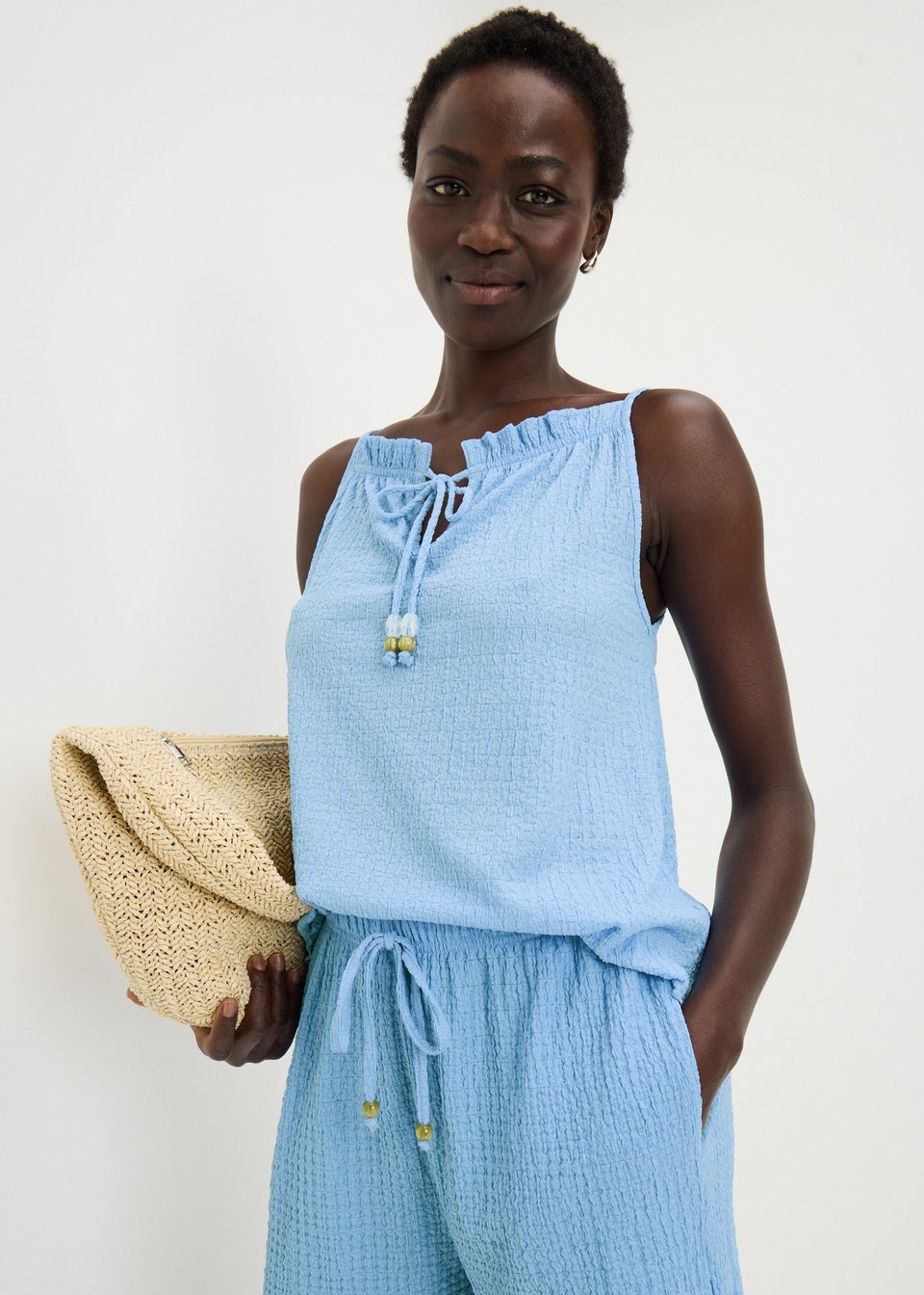 Blue Textured Tie Co Ord Cami Top