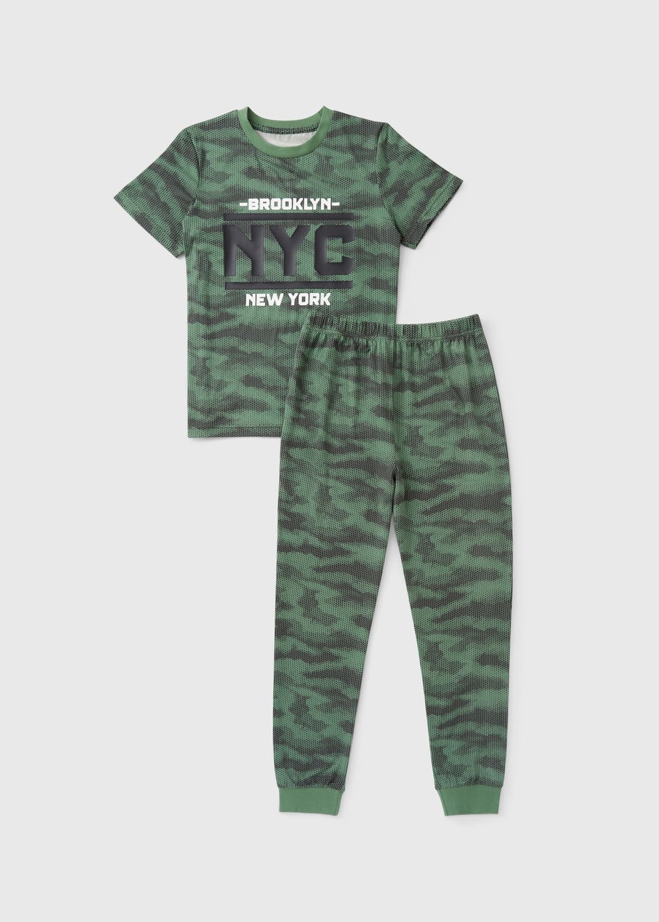 Boys Green Camo Print NYC Pyjama Set (7-13yrs)