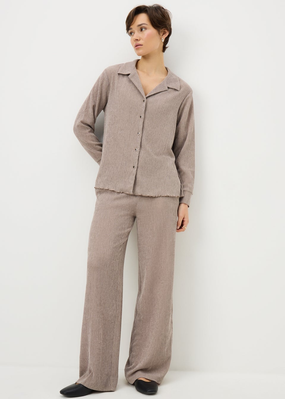 Taupe Textured Wide Leg Co Ord Trousers