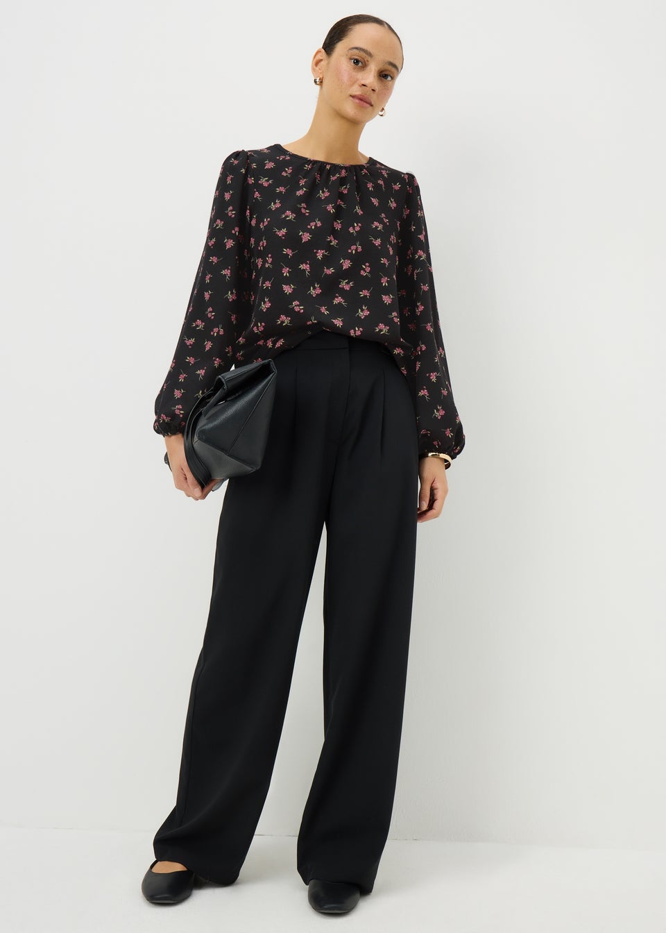 Black Ditsy Floral Popover Blouse