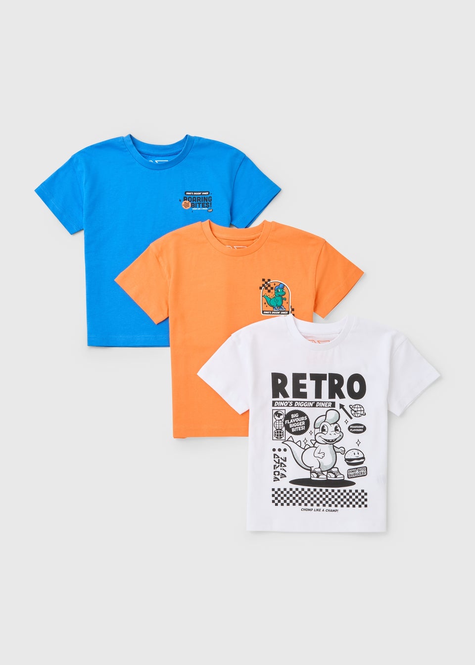 3 Pack Boys Multicolour Retro Dino T-Shirts (1-7yrs)