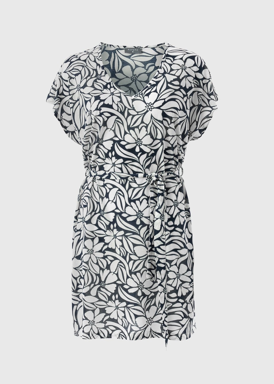 Navy Tropical Floral Jersey Kaftan