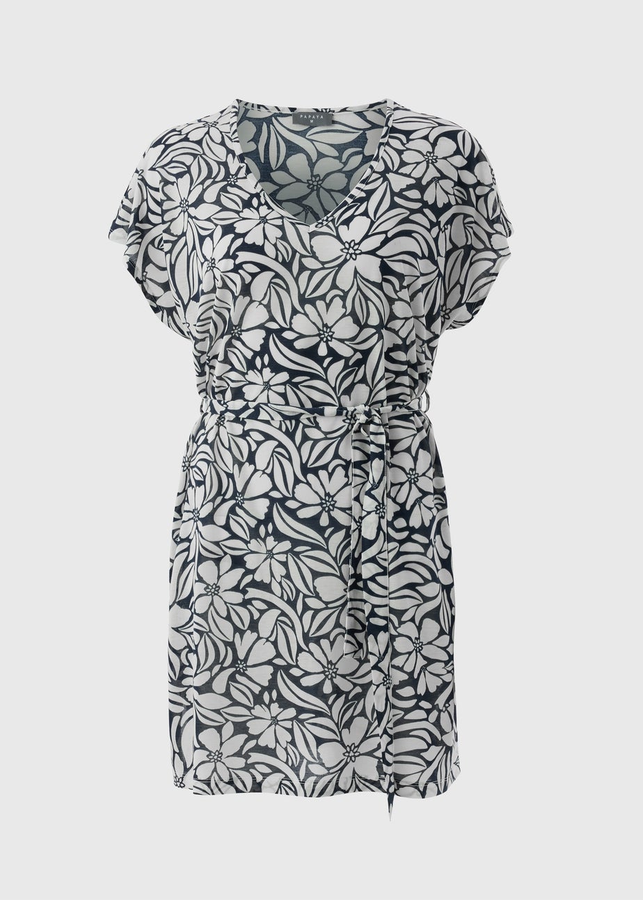 Navy Tropical Floral Jersey Kaftan