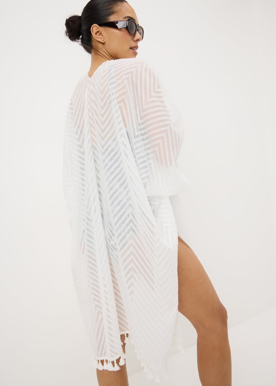 White Textured Tassel Kimono
