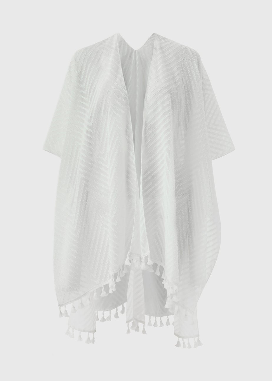White Textured Tassel Kimono